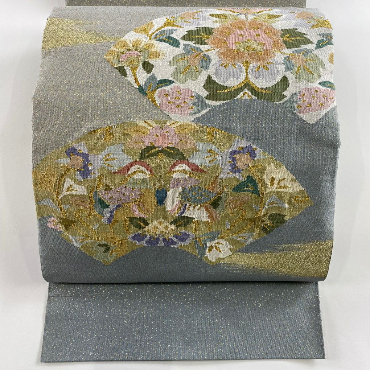 【庫存清倉】 名古屋帶 優品級 松樹葉仕立 八寸名古屋帶 扇子面 向鳥 金銀彩 青灰色 純蠶絲