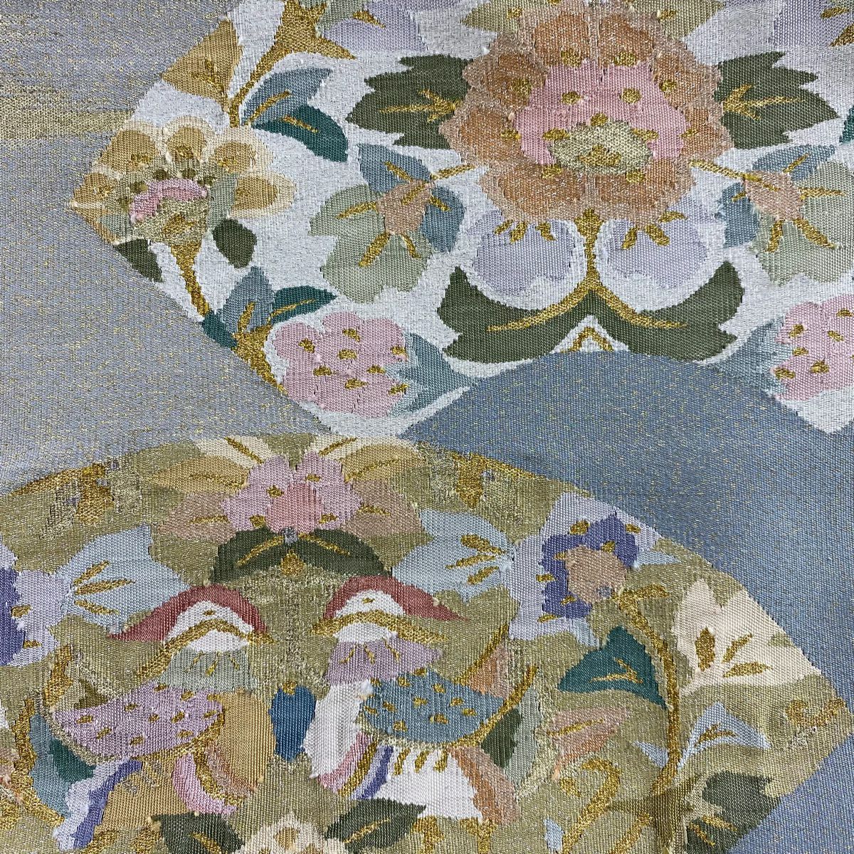 【庫存清倉】 名古屋帶 優品級 松樹葉仕立 八寸名古屋帶 扇子面 向鳥 金銀彩 青灰色 純蠶絲