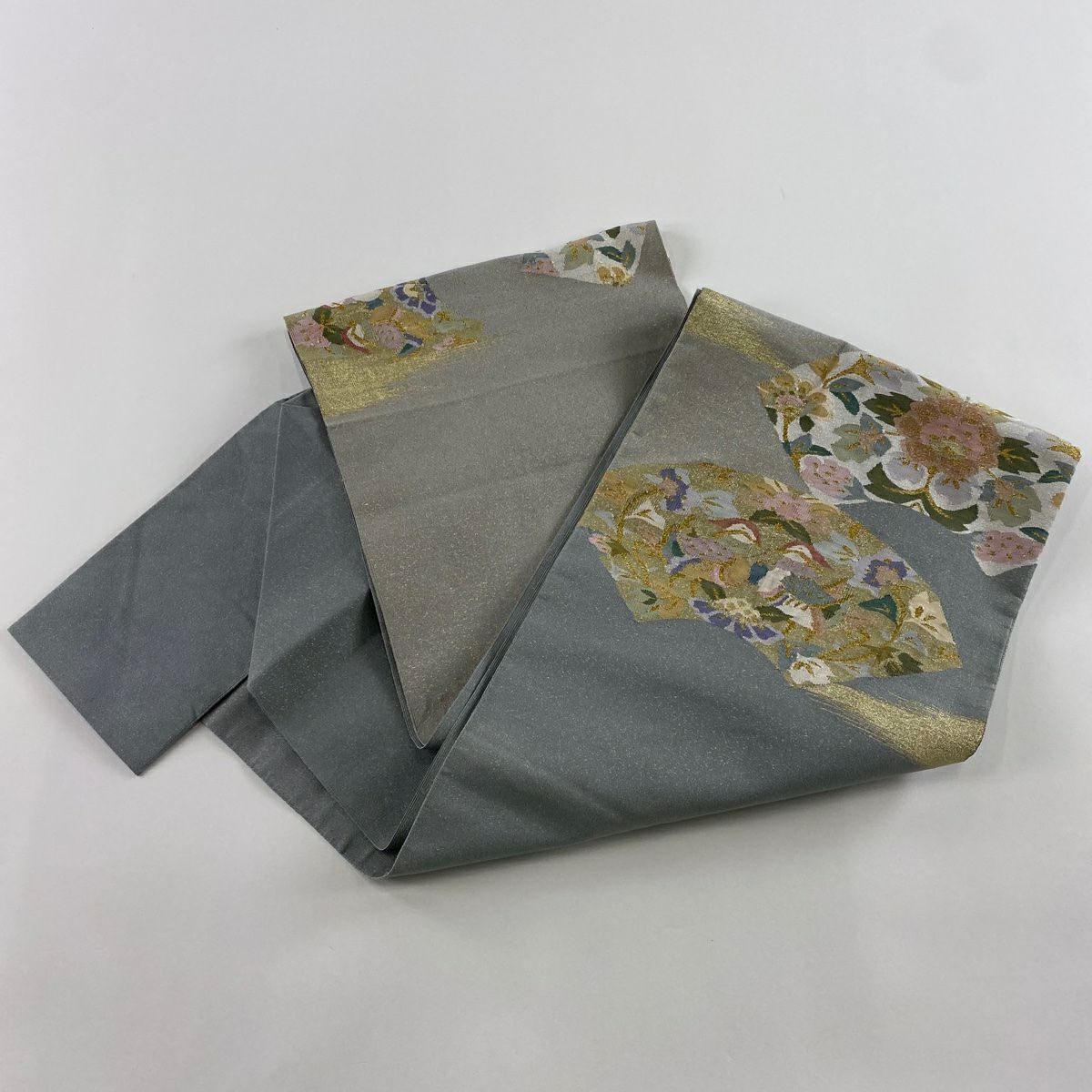 【庫存清倉】 名古屋帶 優品級 松樹葉仕立 八寸名古屋帶 扇子面 向鳥 金銀彩 青灰色 純蠶絲