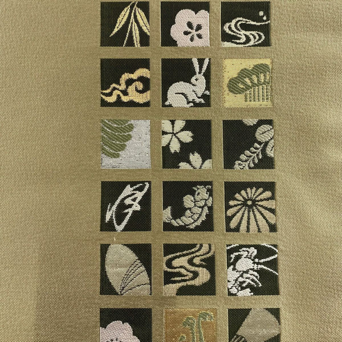 【庫存清倉】 袋帶 優品級 櫻花 扇子子 金金箔 米色 大鼓圖案 純蠶絲