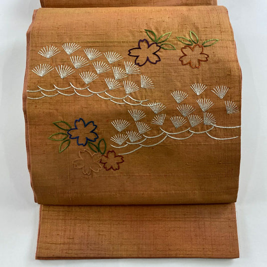 【庫存清倉】 袋帶 美品 優品級 紬織織 松樹 樱花 刺繡 金銀彩 橙色 大鼓圖案 純蠶絲