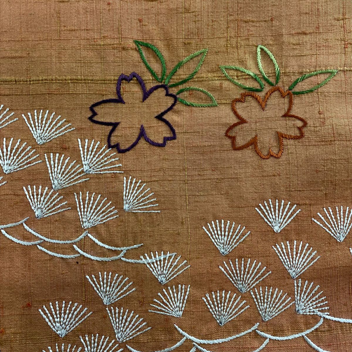 【庫存清倉】 袋帶 美品 優品級 紬織織 松樹 樱花 刺繡 金銀彩 橙色 大鼓圖案 純蠶絲