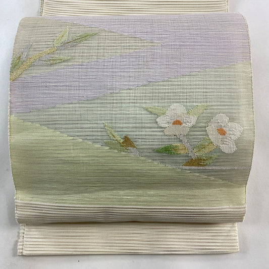 【清倉特賣】 名古屋帶 優品級 夏帶 絽 八寸名古屋帶 草花紋紋 金銀彩 淺綠 純蠶絲