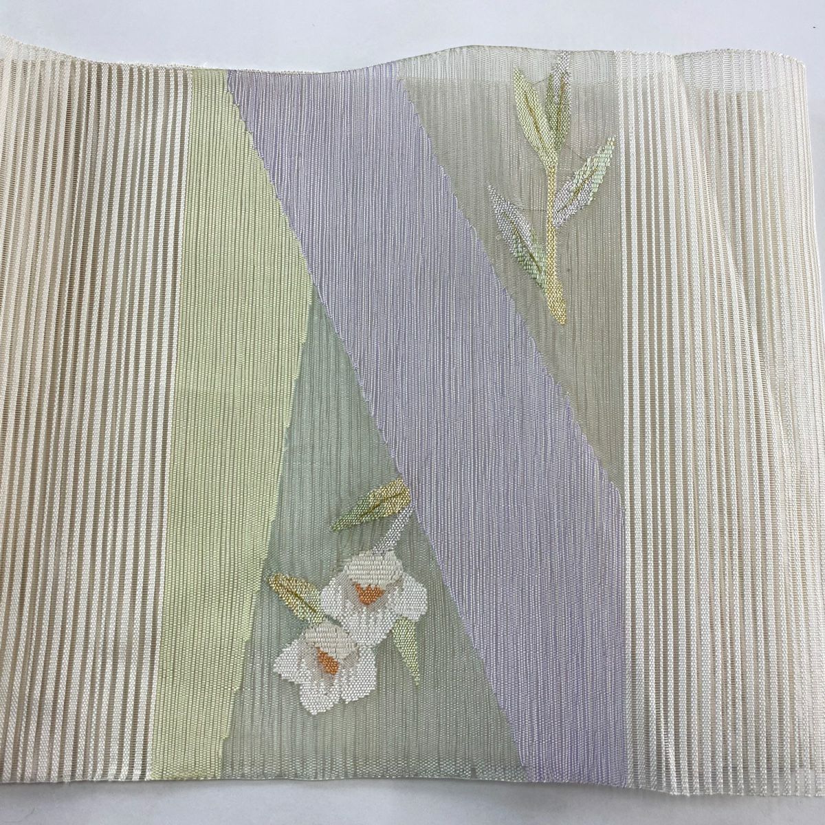 【清倉特賣】 名古屋帶 優品級 夏帶 絽 八寸名古屋帶 草花紋紋 金銀彩 淺綠 純蠶絲