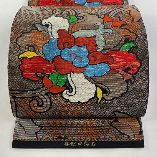 【庫存清倉】 袋帶 優品級 關西仕立 花唐草紋 菱形 刺繡 金金箔 灰茶 六通 純蠶絲