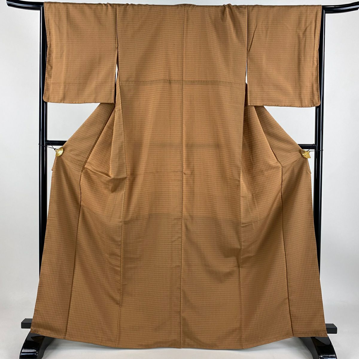 【庫存清倉】 小紋 身長166.5cm 袖長66.5cm M 雙層 格子 茶 純蠶絲 美品 名品級