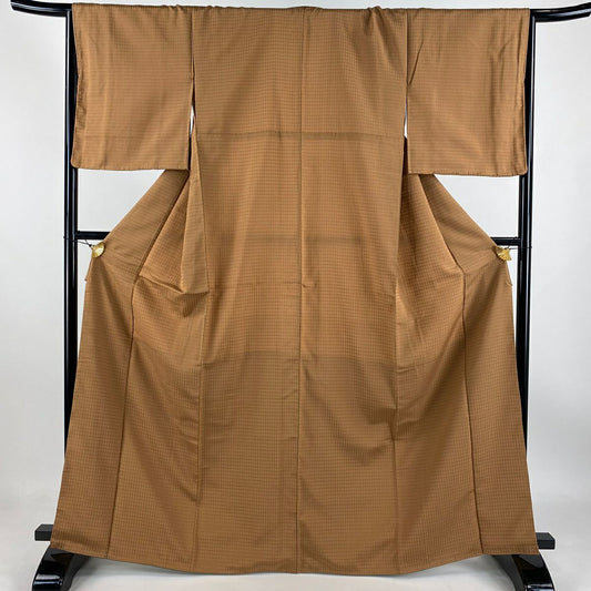 【庫存清倉】 小紋 身長166.5cm 袖長66.5cm M 雙層 格子 茶 純蠶絲 美品 名品級