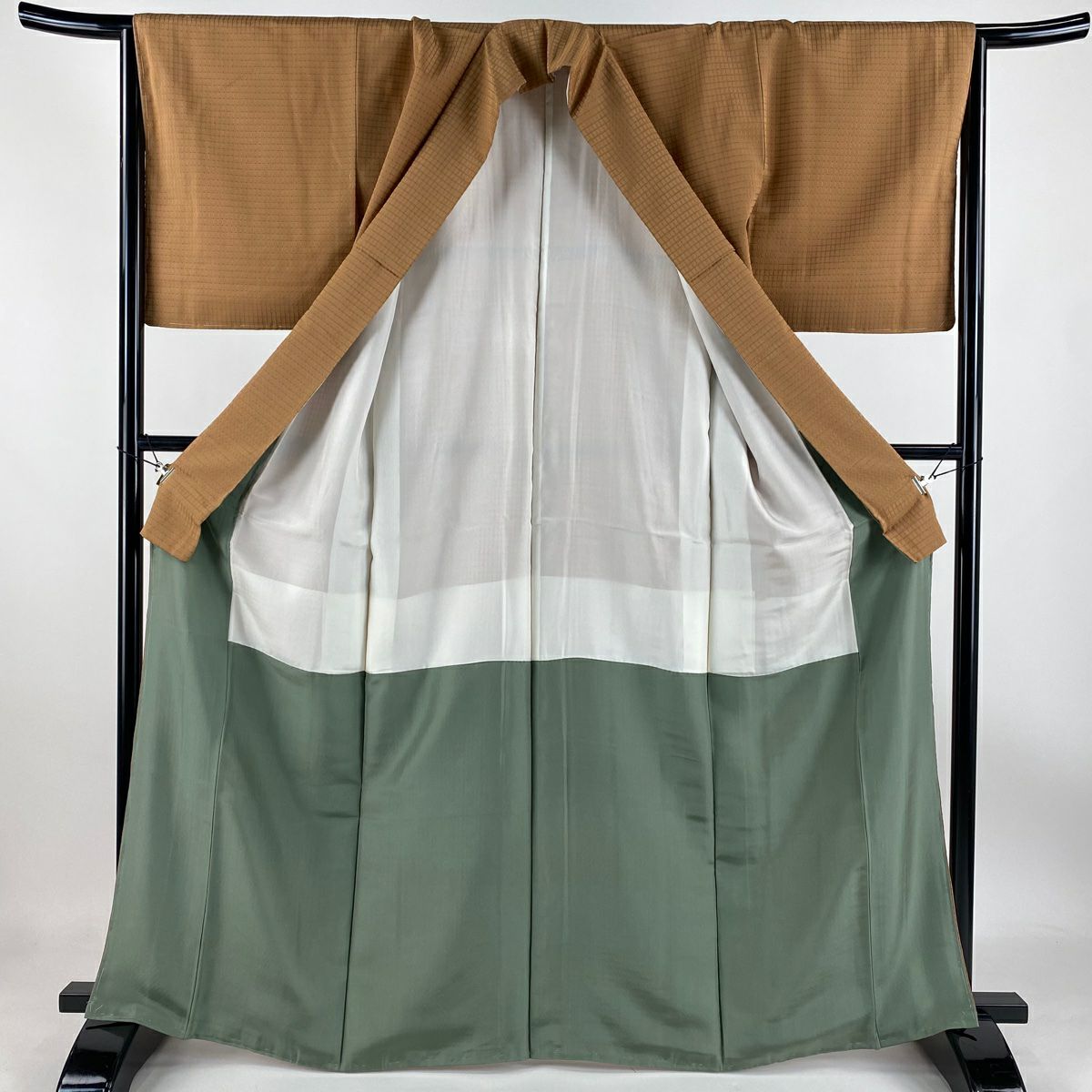 【庫存清倉】 小紋 身長166.5cm 袖長66.5cm M 雙層 格子 茶 純蠶絲 美品 名品級