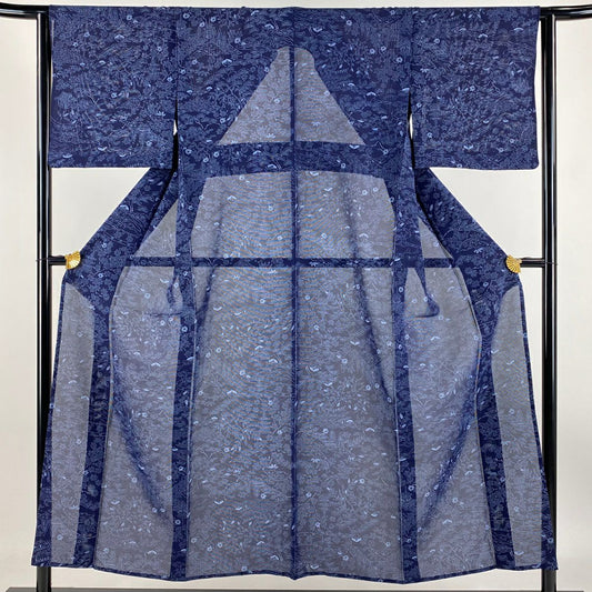 【庫存清倉】 小紋 身長151cm 袖長62.5cm S 薄物 絽 建築 波頭 深藍 純蠶絲 名品級