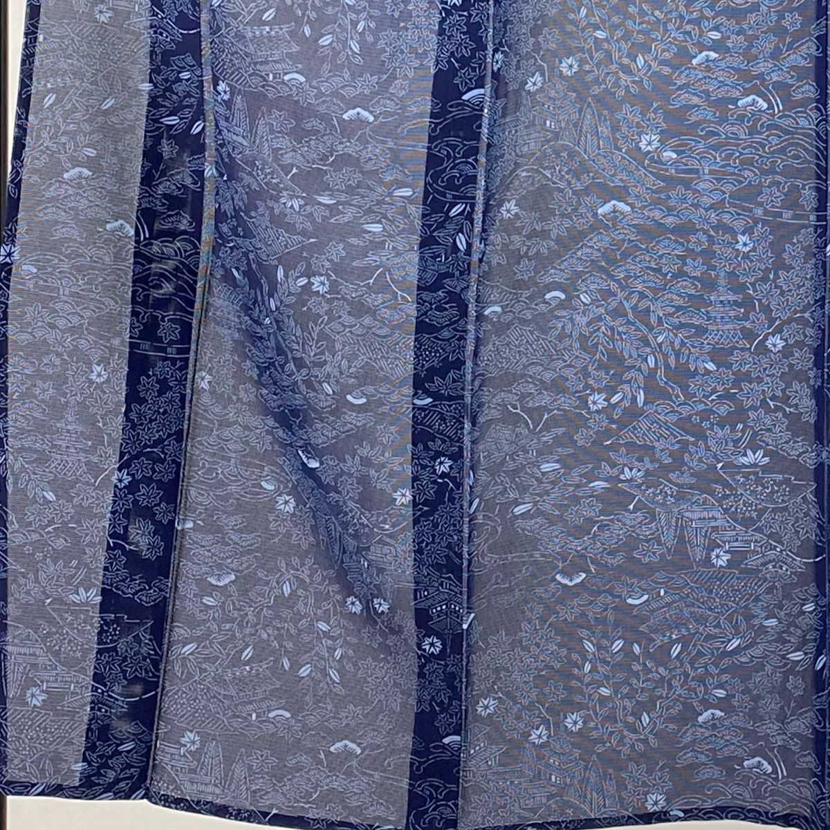 【庫存清倉】 小紋 身長151cm 袖長62.5cm S 薄物 絽 建築 波頭 深藍 純蠶絲 名品級