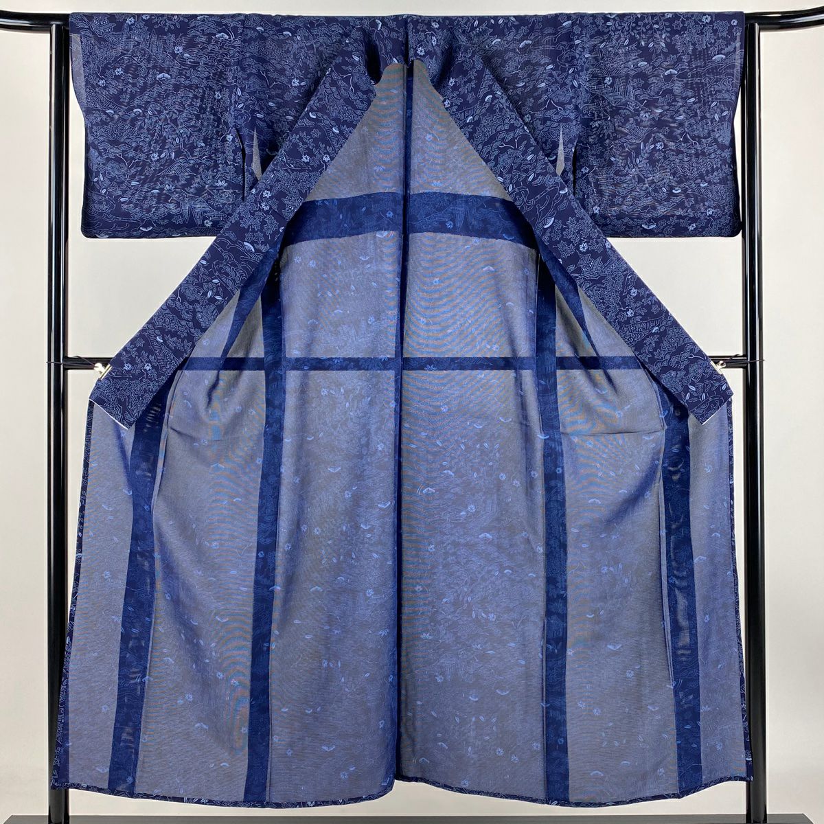 【庫存清倉】 小紋 身長151cm 袖長62.5cm S 薄物 絽 建築 波頭 深藍 純蠶絲 名品級