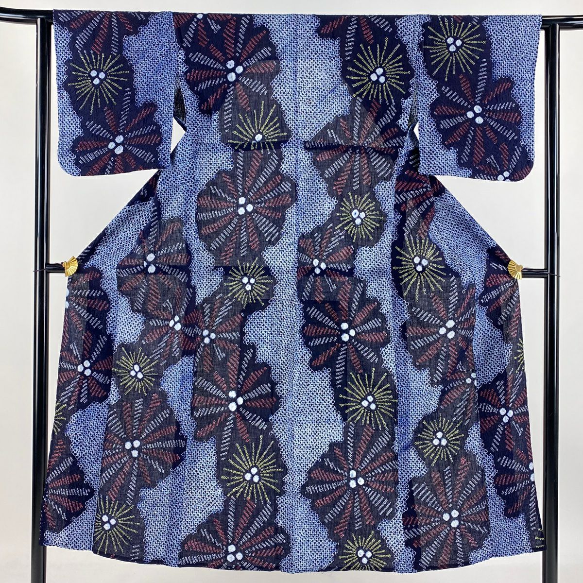 【庫存清倉】 浴衣 身長146.5cm 袖長61cm S 絞染浴衣 幾何圖案 深藍 純棉 名品級