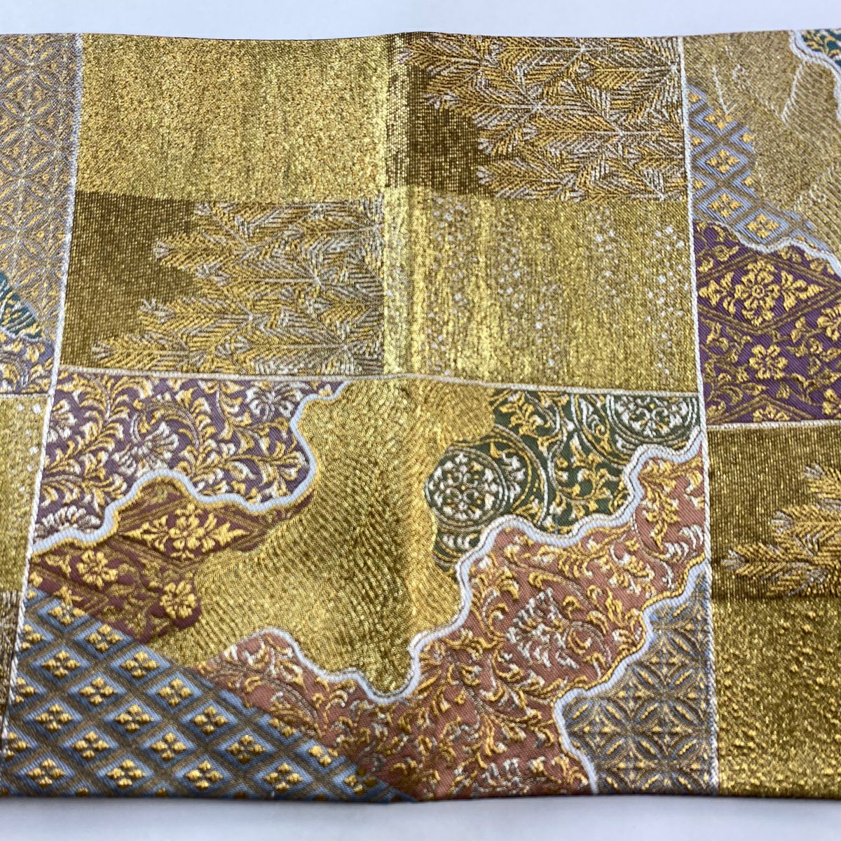 【庫存清倉】 袋帶 美品 秀品級 花唐草紋 若松樹 金銀絲 金金箔 金色 六通 純蠶絲