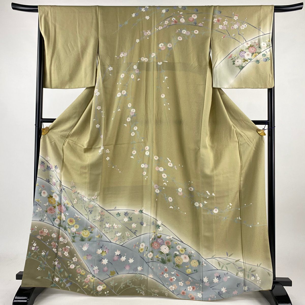 【庫存清倉】訪問服 身長166.5cm 袖長67cm M 雙層 菊花 梅花 染分 淡化 鶯色 純蠶絲 名品級