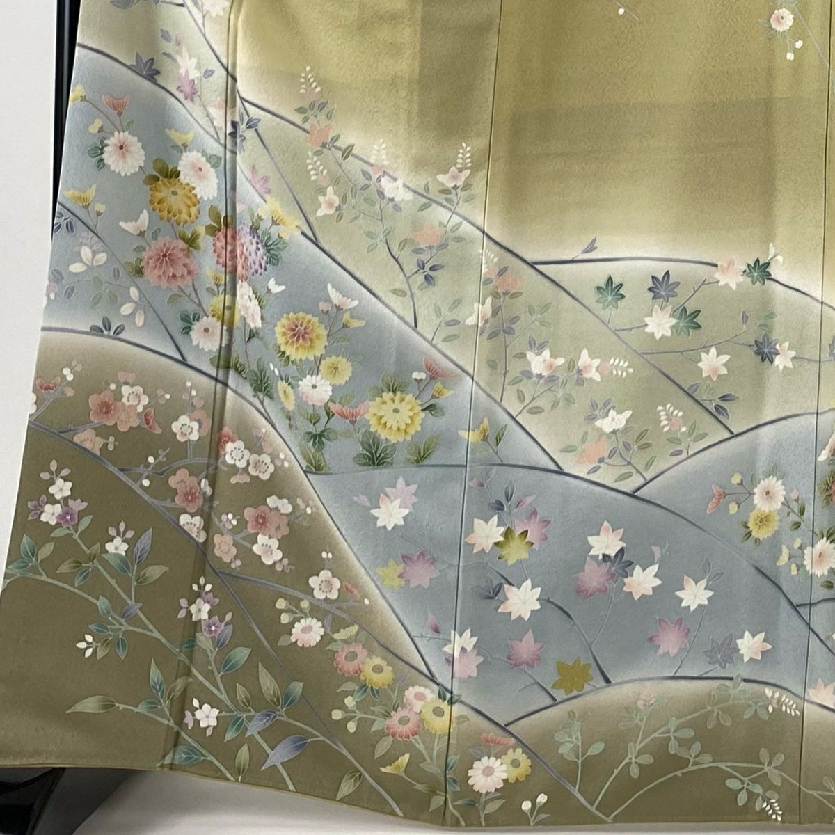 【庫存清倉】訪問服 身長166.5cm 袖長67cm M 雙層 菊花 梅花 染分 淡化 鶯色 純蠶絲 名品級