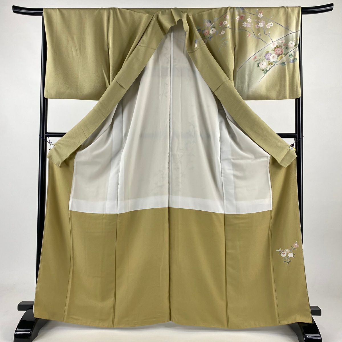 【庫存清倉】訪問服 身長166.5cm 袖長67cm M 雙層 菊花 梅花 染分 淡化 鶯色 純蠶絲 名品級