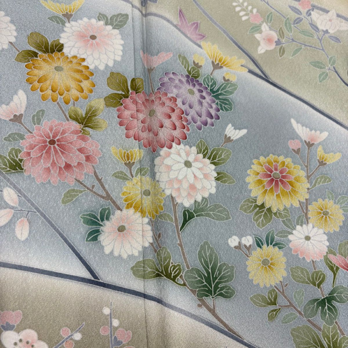 【庫存清倉】訪問服 身長166.5cm 袖長67cm M 雙層 菊花 梅花 染分 淡化 鶯色 純蠶絲 名品級