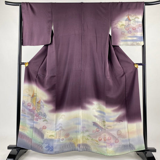 【庫存清倉】訪問服 身長160cm 袖長65cm M 雙層 山鉾 菊花 花紋 漸變 濃紫 純蠶絲 名品級