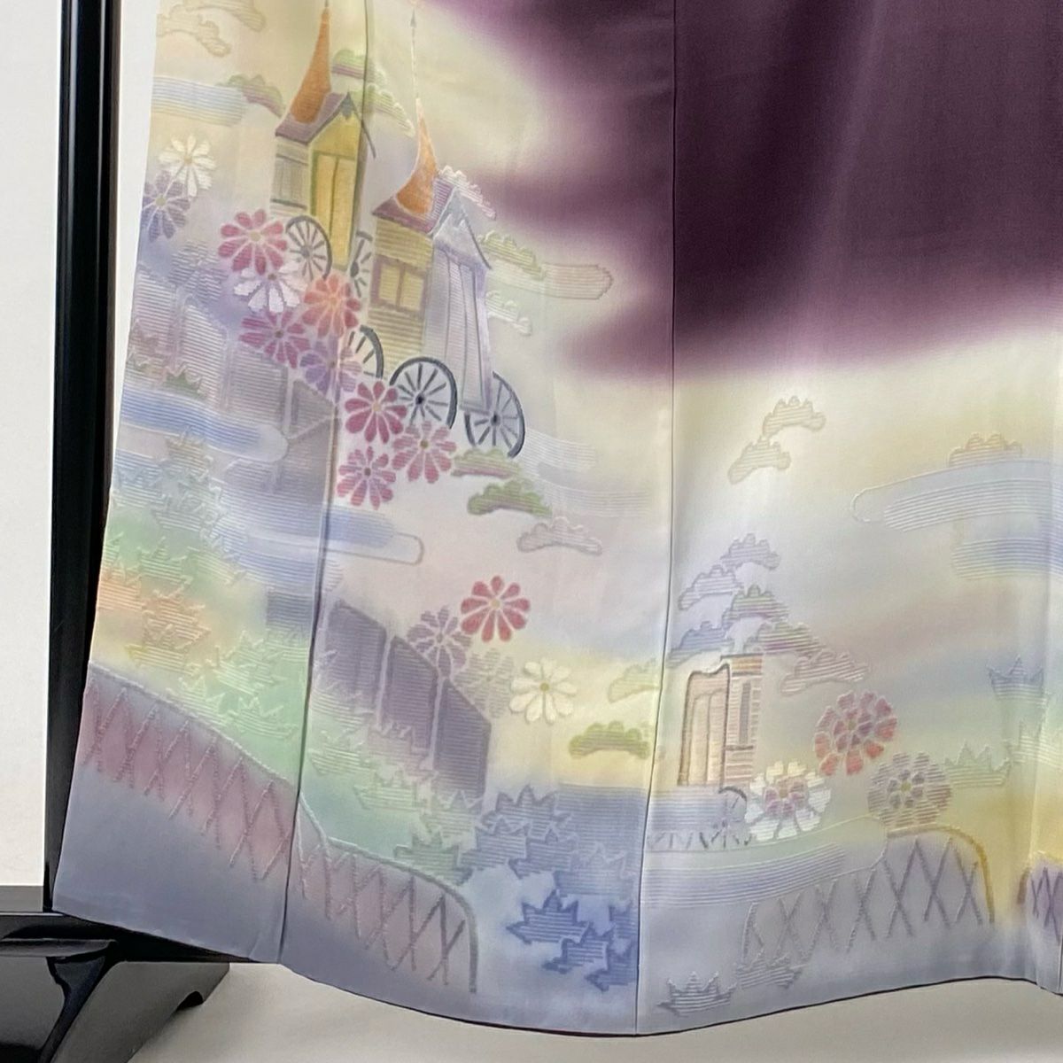 【庫存清倉】訪問服 身長160cm 袖長65cm M 雙層 山鉾 菊花 花紋 漸變 濃紫 純蠶絲 名品級