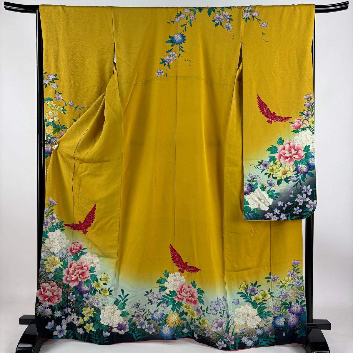 【庫存清倉】振袖禮服 身長167.5cm 袖長66.5cm M 雙層 草花紋紋 鳥 金銀彩 漸層 芥末色 純蠶絲 名品級