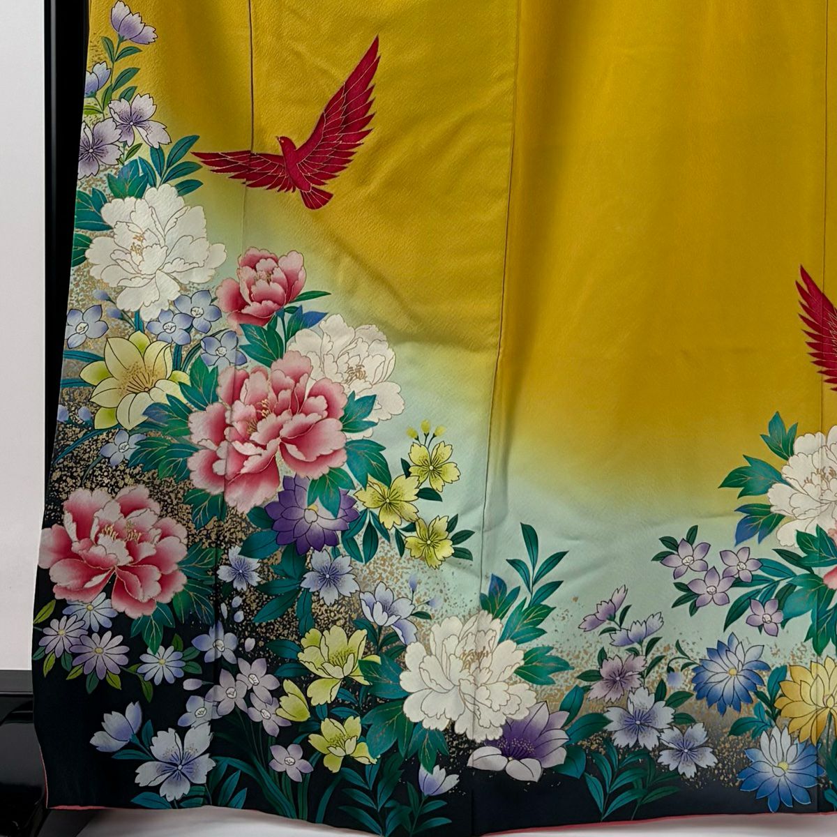 【庫存清倉】振袖禮服 身長167.5cm 袖長66.5cm M 雙層 草花紋紋 鳥 金銀彩 漸層 芥末色 純蠶絲 名品級