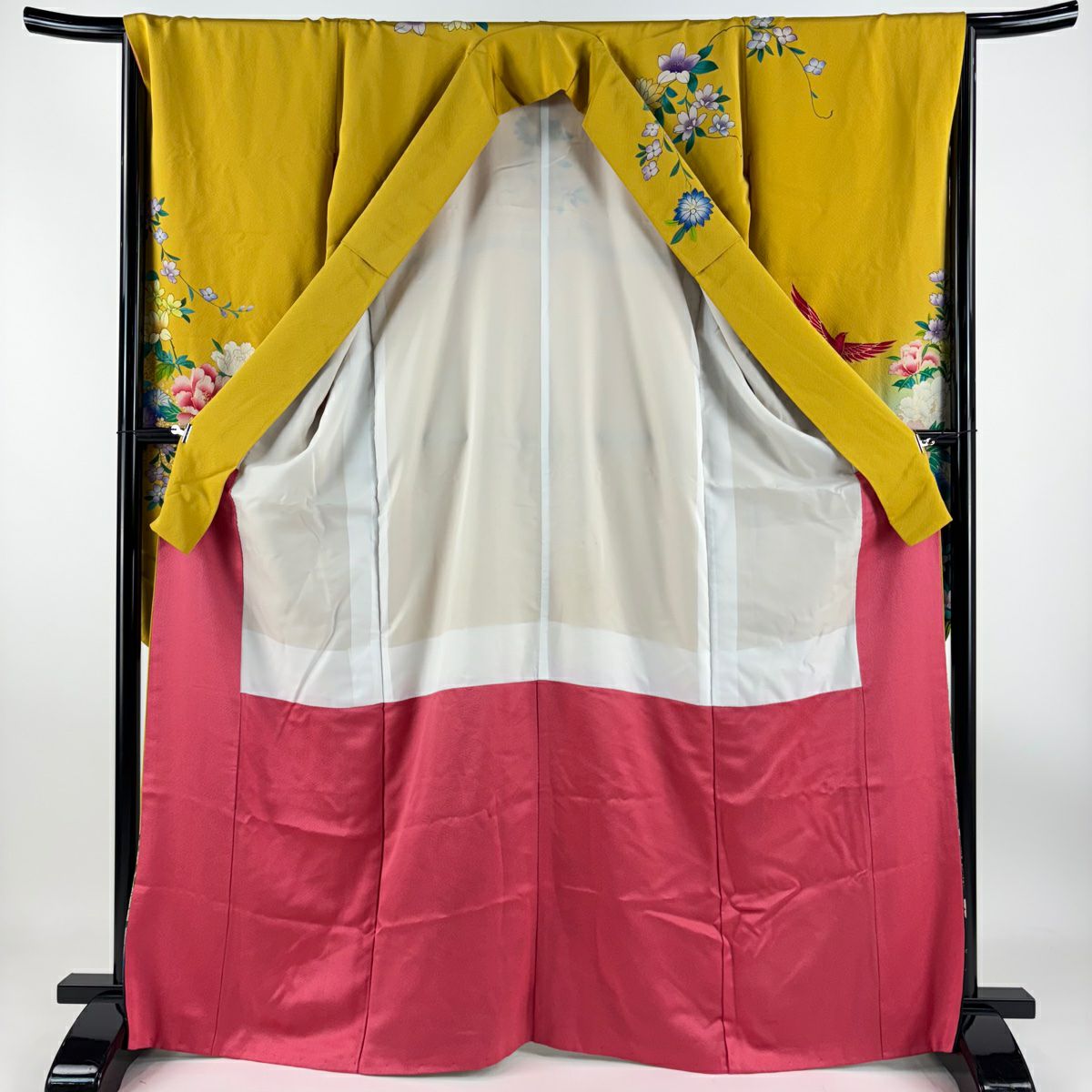 【庫存清倉】振袖禮服 身長167.5cm 袖長66.5cm M 雙層 草花紋紋 鳥 金銀彩 漸層 芥末色 純蠶絲 名品級