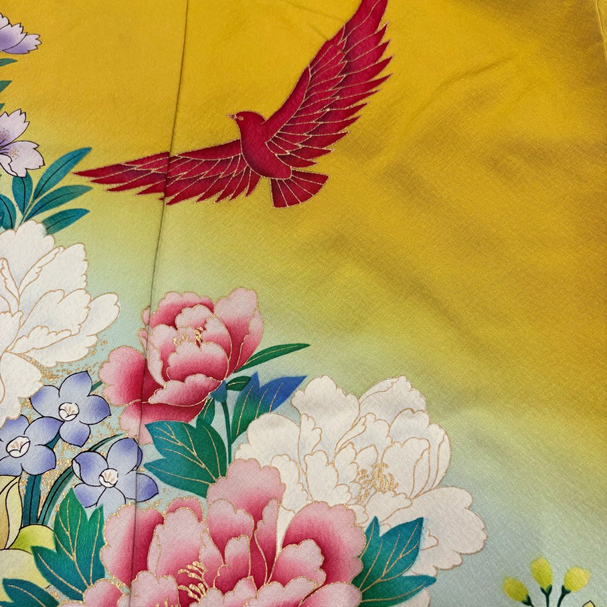 【庫存清倉】振袖禮服 身長167.5cm 袖長66.5cm M 雙層 草花紋紋 鳥 金銀彩 漸層 芥末色 純蠶絲 名品級