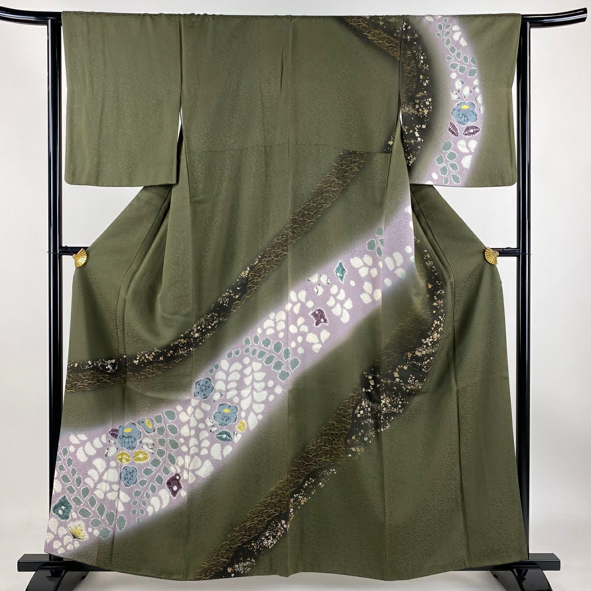 【庫存清倉】訪問服 身長159cm 袖長64cm M 雙層 伊と幸 辻花染 芝 金銀彩 茶綠 純蠶絲 名品級