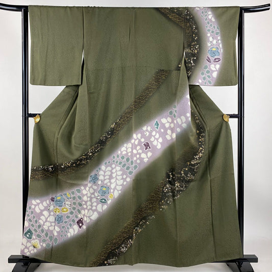 【庫存清倉】訪問服 身長159cm 袖長64cm M 雙層 伊と幸 辻花染 芝 金銀彩 茶綠 純蠶絲 名品級
