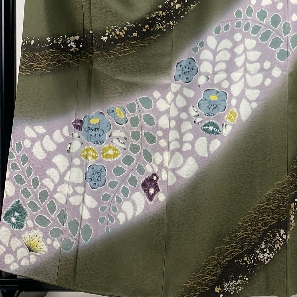 【庫存清倉】訪問服 身長159cm 袖長64cm M 雙層 伊と幸 辻花染 芝 金銀彩 茶綠 純蠶絲 名品級