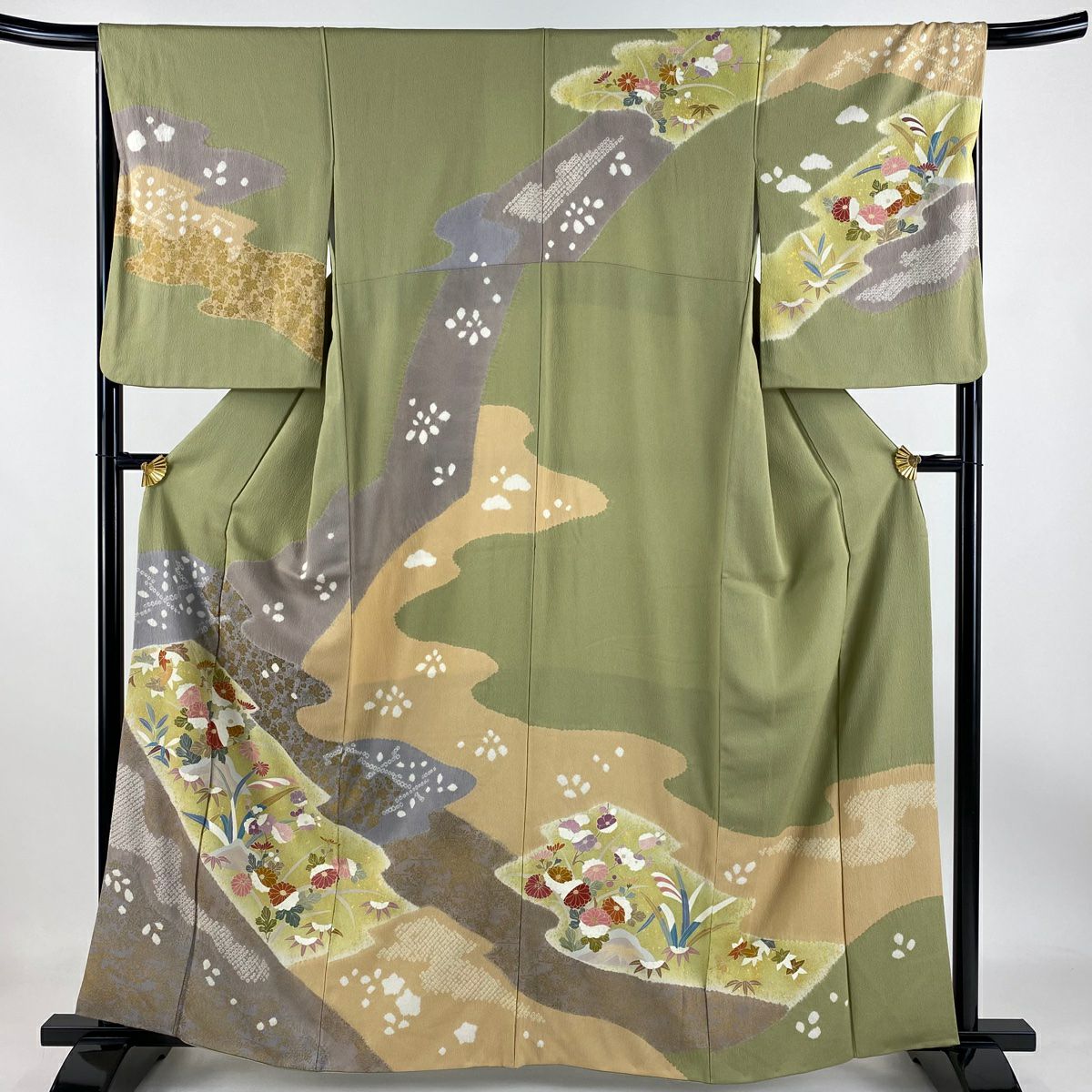 【庫存清倉】訪問服 身長162cm 袖長67.5cm L 雙層 菊花花 葡萄唐草紋 絞染 金彩裝飾 抹茶 純蠶絲 名品級
