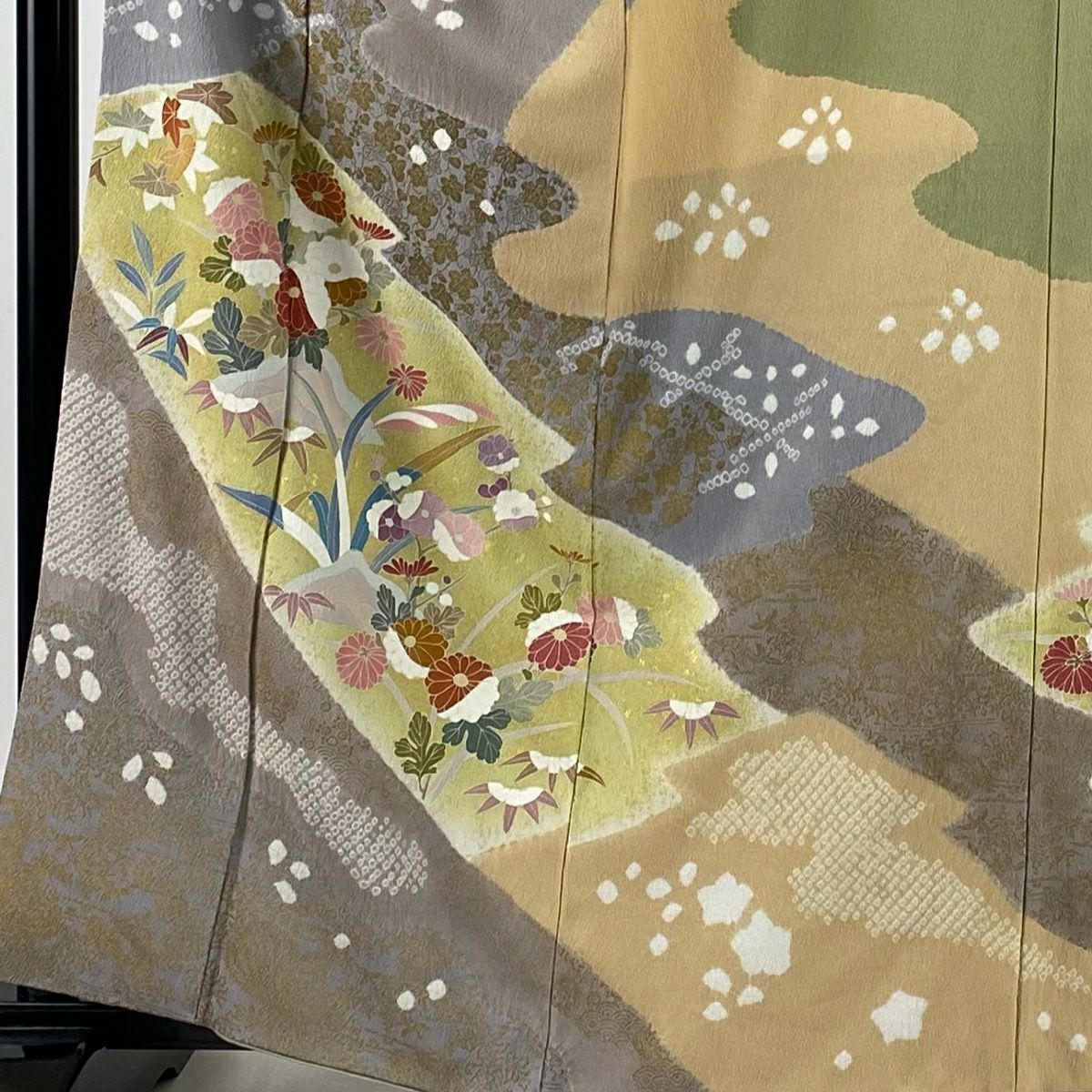 【庫存清倉】訪問服 身長162cm 袖長67.5cm L 雙層 菊花花 葡萄唐草紋 絞染 金彩裝飾 抹茶 純蠶絲 名品級