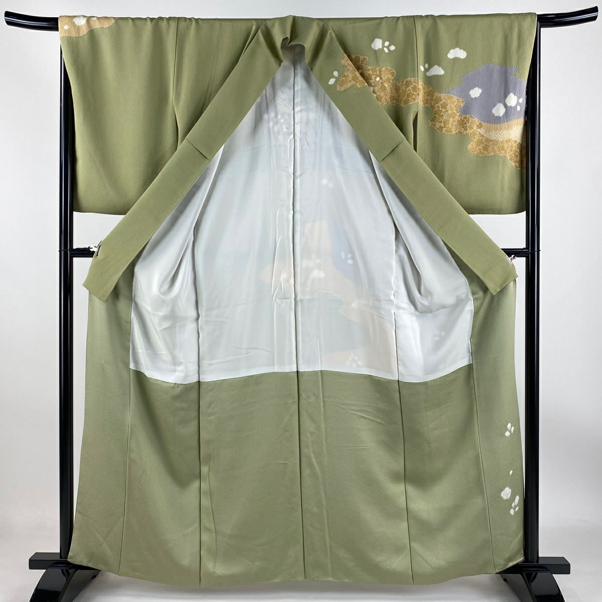 【庫存清倉】訪問服 身長162cm 袖長67.5cm L 雙層 菊花花 葡萄唐草紋 絞染 金彩裝飾 抹茶 純蠶絲 名品級