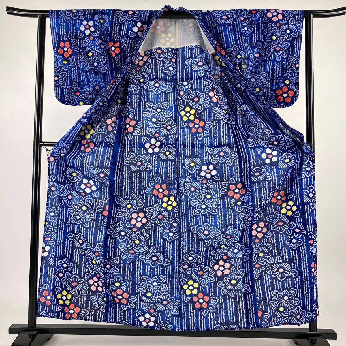 【庫存清倉】 浴衣 身長160cm 袖長62cm S 絞染浴衣 草花紋紋 條紋 深藍 純棉 名品級