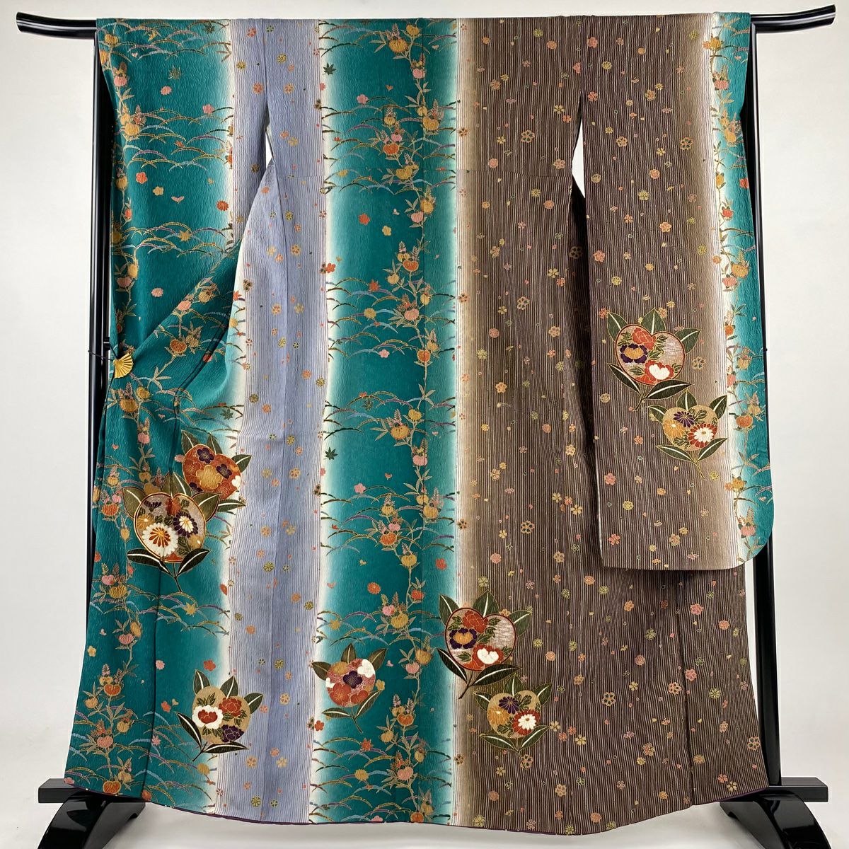 【庫存清倉】振袖禮服 身長163cm 袖長65cm M 雙層 橘花 菊花 金銀彩 金絲 綠 純蠶絲 名品級