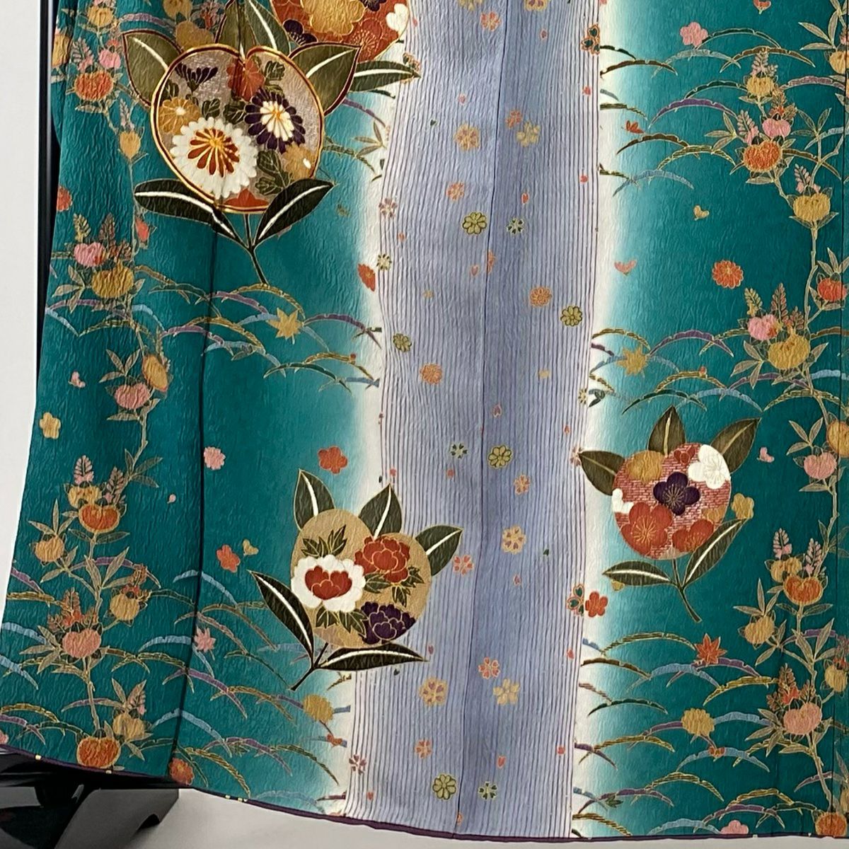 【庫存清倉】振袖禮服 身長163cm 袖長65cm M 雙層 橘花 菊花 金銀彩 金絲 綠 純蠶絲 名品級