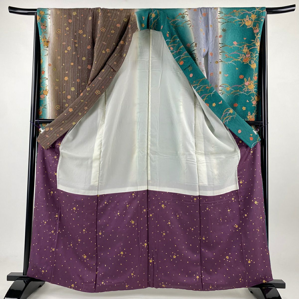 【庫存清倉】振袖禮服 身長163cm 袖長65cm M 雙層 橘花 菊花 金銀彩 金絲 綠 純蠶絲 名品級