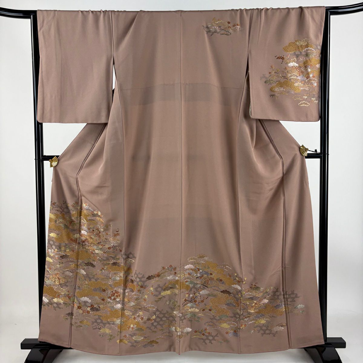【庫存清倉】訪問服 身長160cm 袖長67cm M 雙層 文箱 松樹竹子梅花 刺繡 金線 淺小豆 純蠶絲 名品級