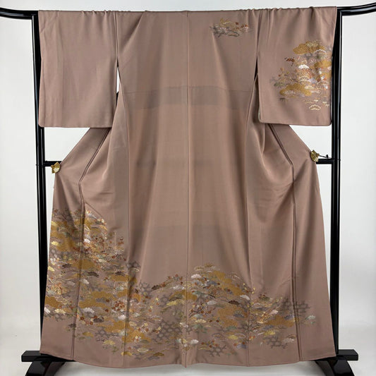 【庫存清倉】訪問服 身長160cm 袖長67cm M 雙層 文箱 松樹竹子梅花 刺繡 金線 淺小豆 純蠶絲 名品級