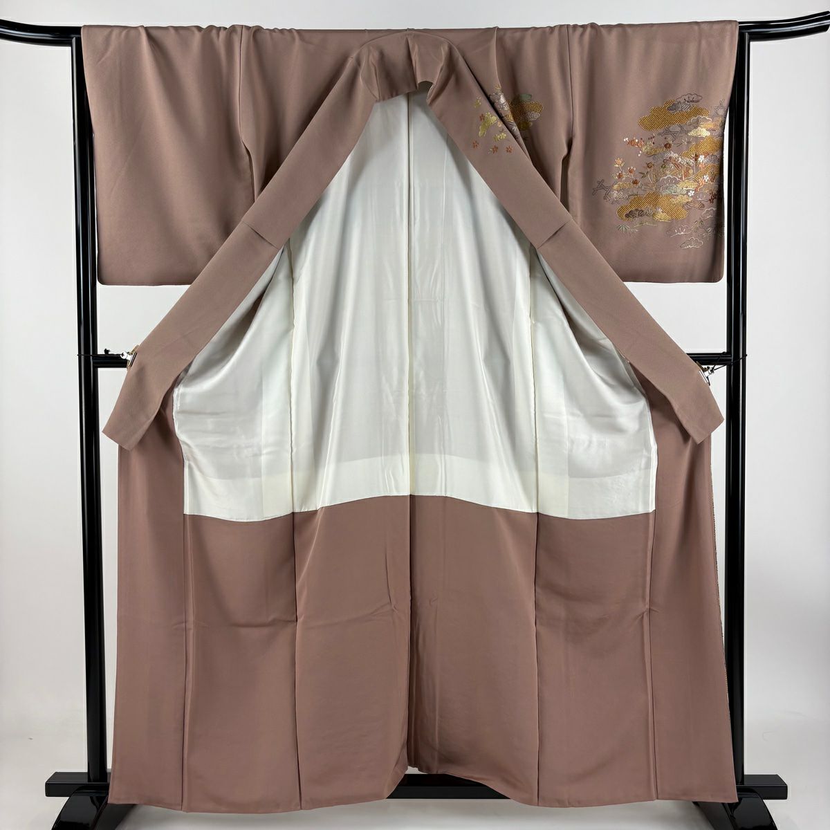 【庫存清倉】訪問服 身長160cm 袖長67cm M 雙層 文箱 松樹竹子梅花 刺繡 金線 淺小豆 純蠶絲 名品級