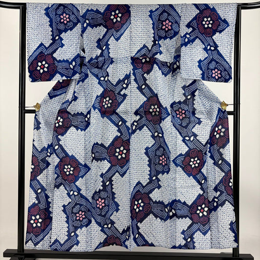 【庫存清倉】 浴衣 身長153.5cm 袖長64cm M 絞染浴衣 草花紋 深藍 棉 美品 名品級