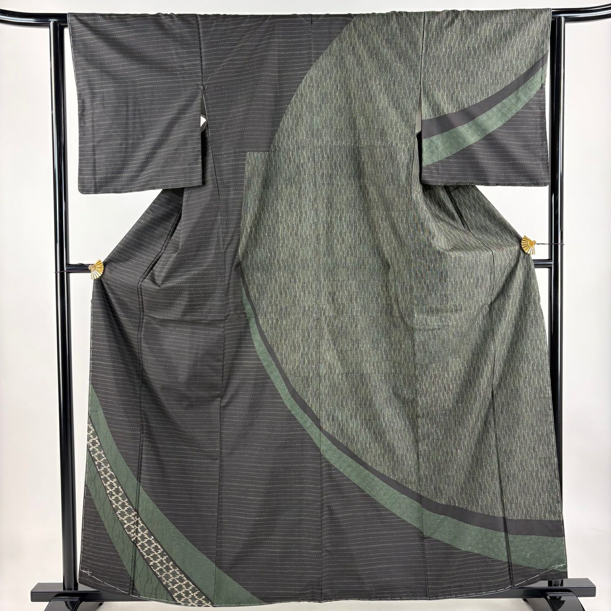 【庫存清倉】訪問服 身長160.5cm 袖長62.5cm S 雙層 紬織織 松樹皮菱 立涌 刺繡 黑 純蠶絲 美品 名品級