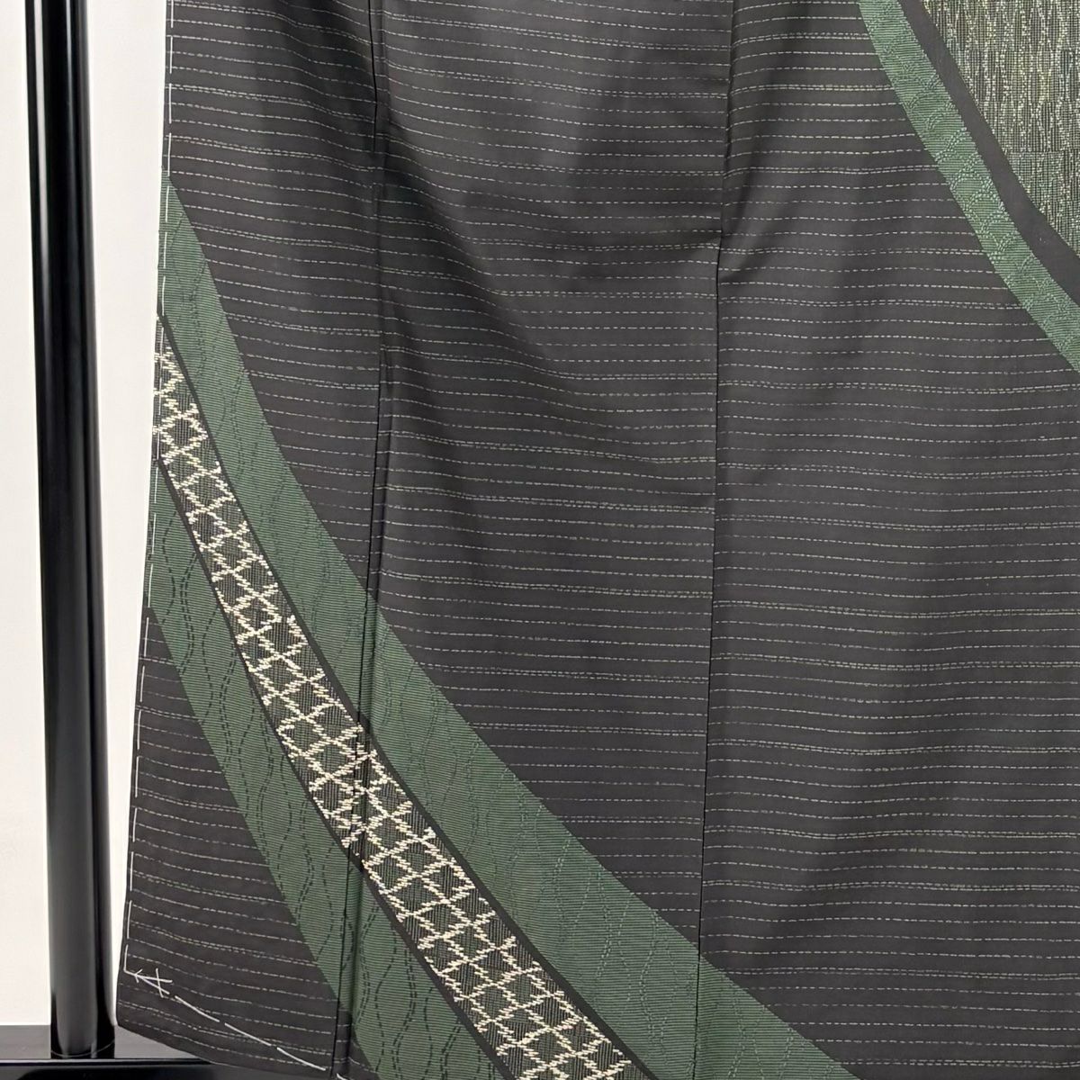 【庫存清倉】訪問服 身長160.5cm 袖長62.5cm S 雙層 紬織織 松樹皮菱 立涌 刺繡 黑 純蠶絲 美品 名品級