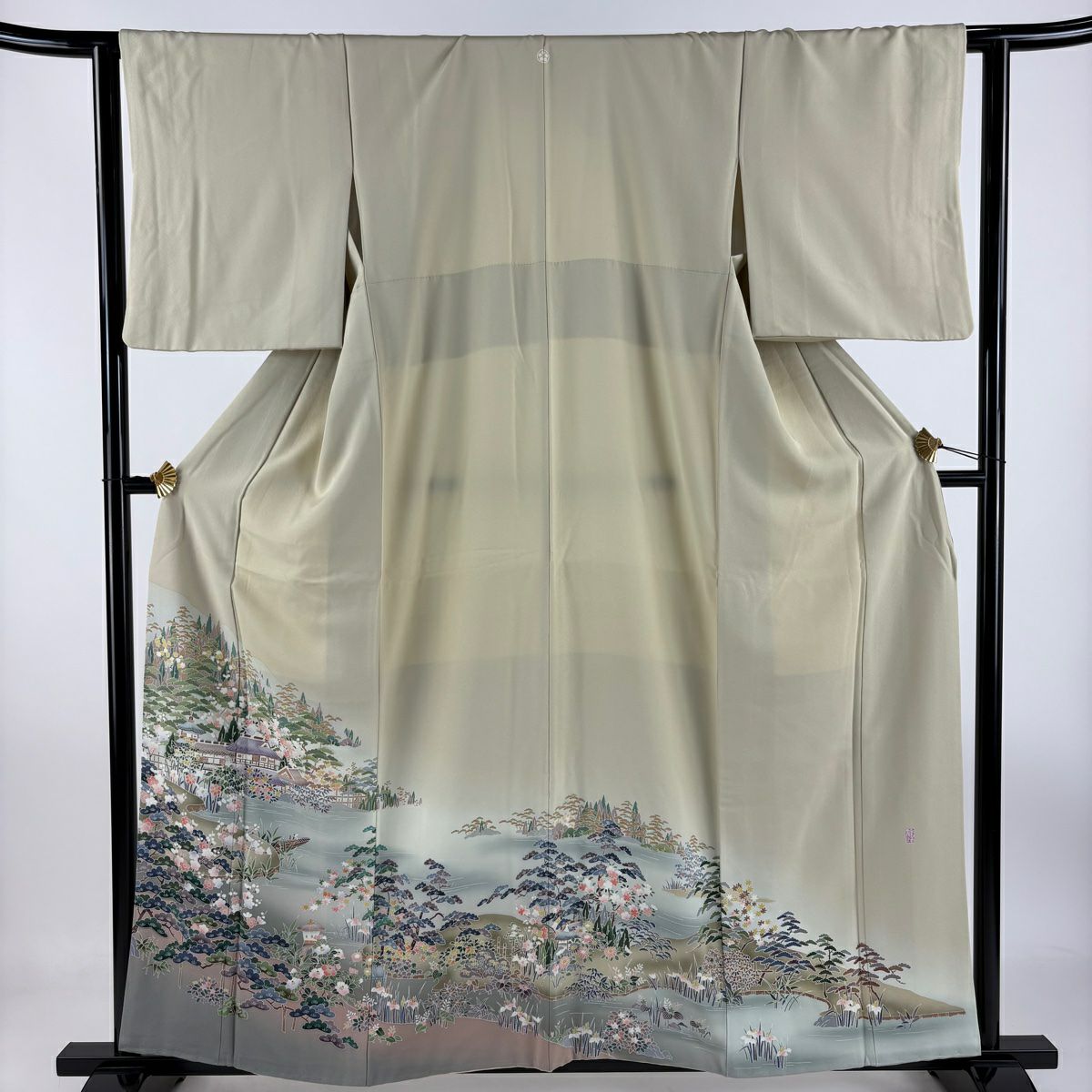 【庫存清倉】 留袖禮服禮服 身長160cm 袖長62.5cm S 雙層 落款有 建物 松樹竹子梅花 漸層 米色 純蠶絲 美品 名品級 一つ紋