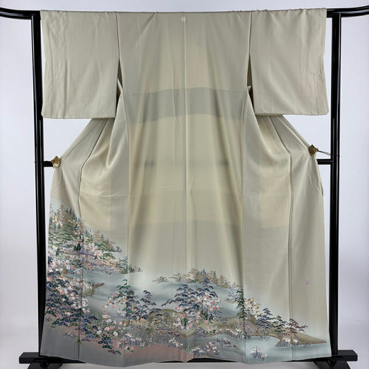 【庫存清倉】 留袖禮服禮服 身長160cm 袖長62.5cm S 雙層 落款有 建物 松樹竹子梅花 漸層 米色 純蠶絲 美品 名品級 一つ紋