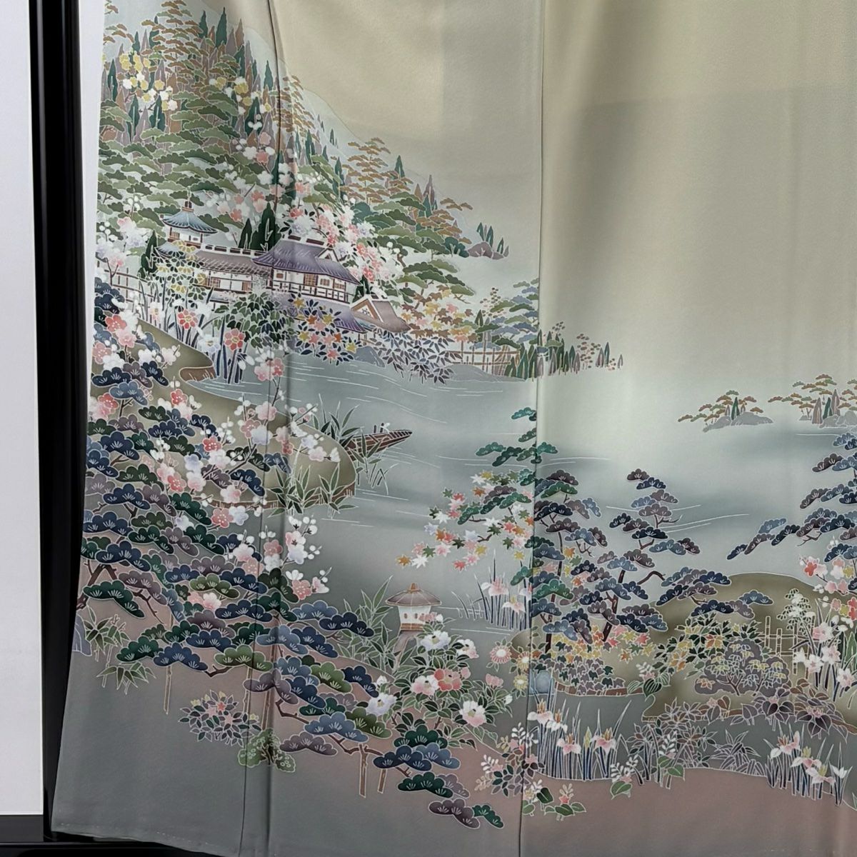【庫存清倉】 留袖禮服禮服 身長160cm 袖長62.5cm S 雙層 落款有 建物 松樹竹子梅花 漸層 米色 純蠶絲 美品 名品級 一つ紋