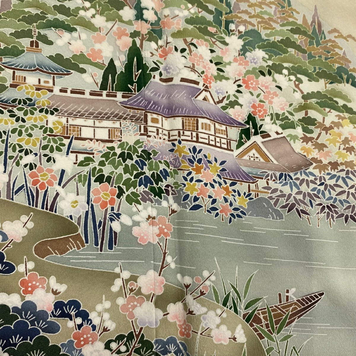 【庫存清倉】 留袖禮服禮服 身長160cm 袖長62.5cm S 雙層 落款有 建物 松樹竹子梅花 漸層 米色 純蠶絲 美品 名品級 一つ紋