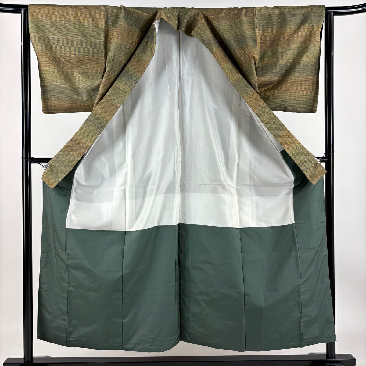 【庫存清倉】 小紋 身長154.5cm 袖長64.5cm M 雙層 條紋 幾何圖案 茶綠 純蠶絲 美品 名品級