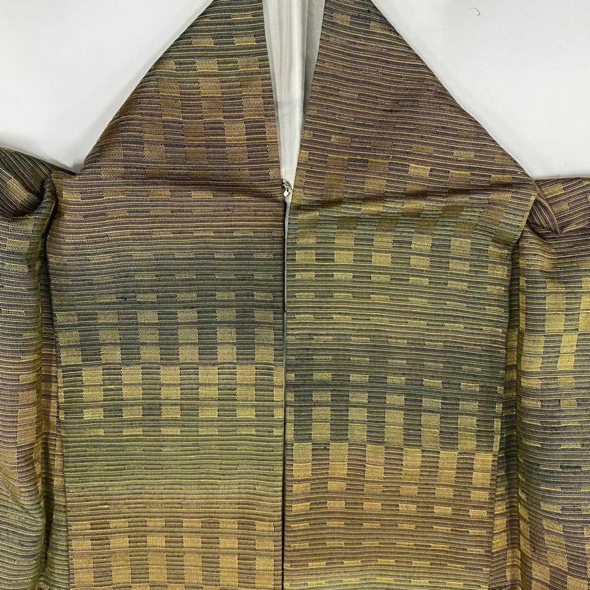 【庫存清倉】 小紋 身長154.5cm 袖長64.5cm M 雙層 條紋 幾何圖案 茶綠 純蠶絲 美品 名品級