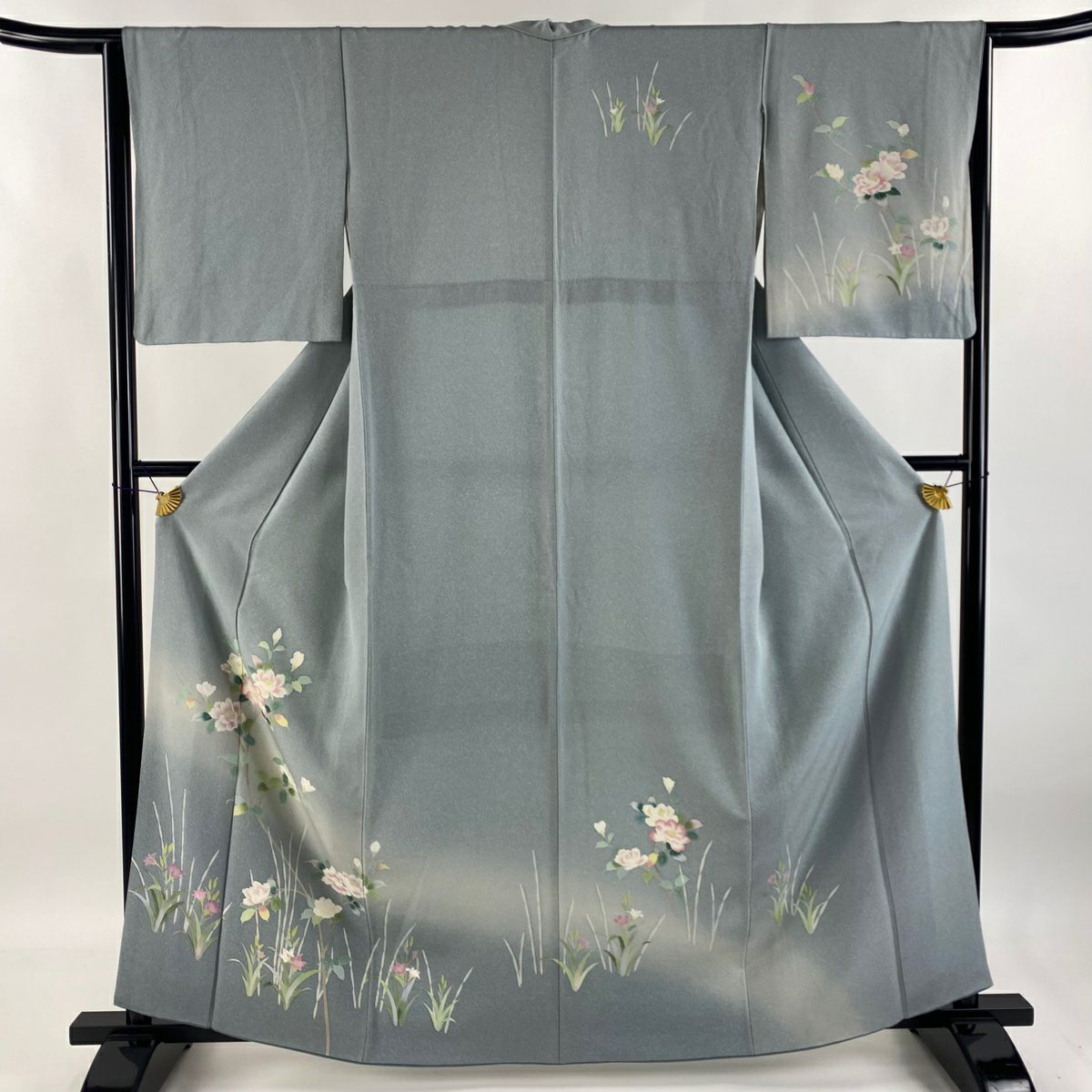 【庫存清倉】 付下 身長161.5cm 袖長64cm M 雙層 枝花 草花紋紋 漸層 青灰 純蠶絲 優品級